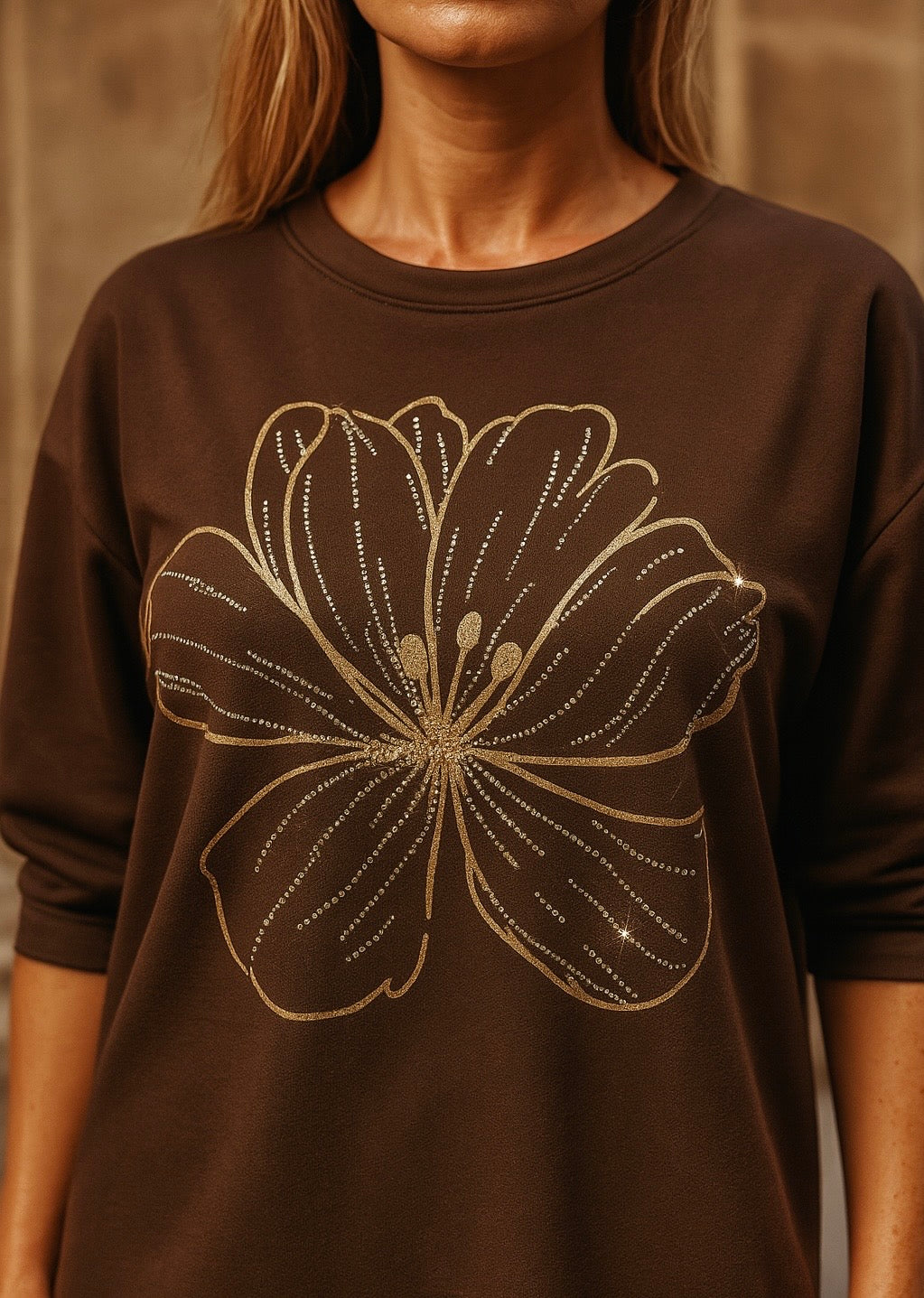 Light Weight Golden Diamanté Clover Pari Top - Chocolate