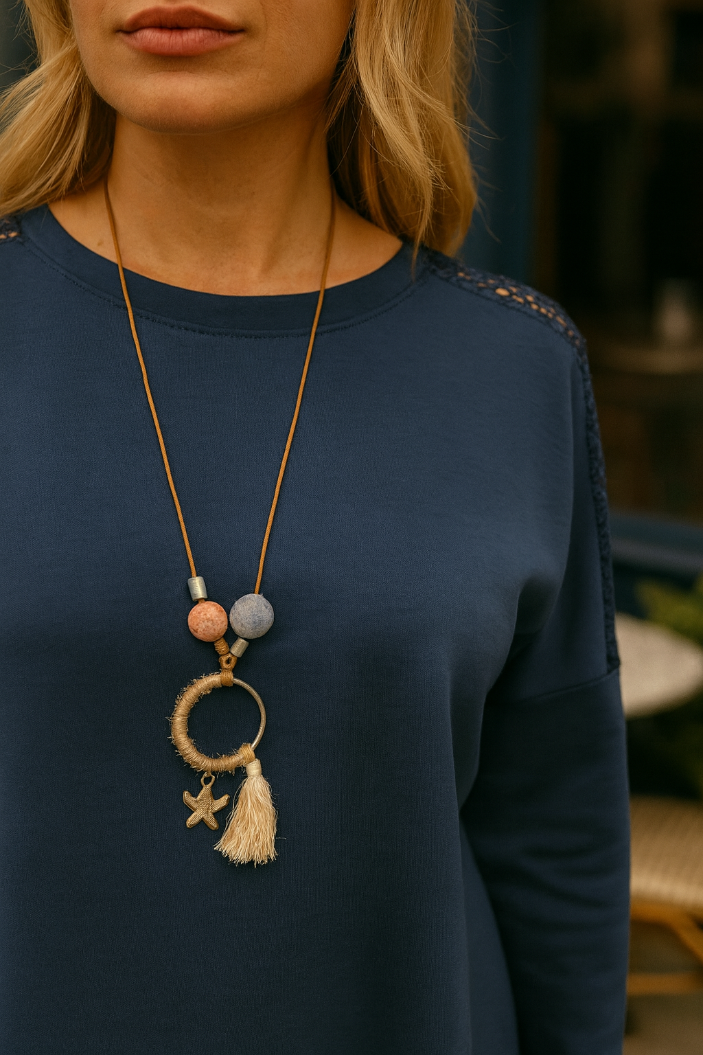Soirée Mesh Detail Necklace Top - Navy