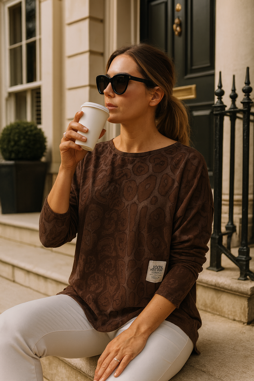 Pure Cotton Leopard Print Rivia Badge Detail Raw Edge Hem Sweatshirt - Chocolate