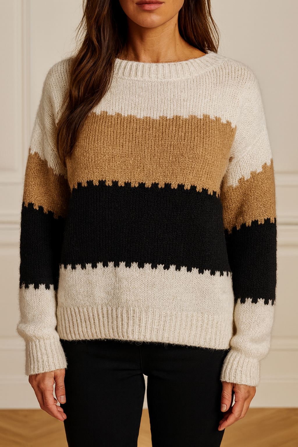 Multi-Tone Sarice Knit Jumper - Cream/Chestnut/Black