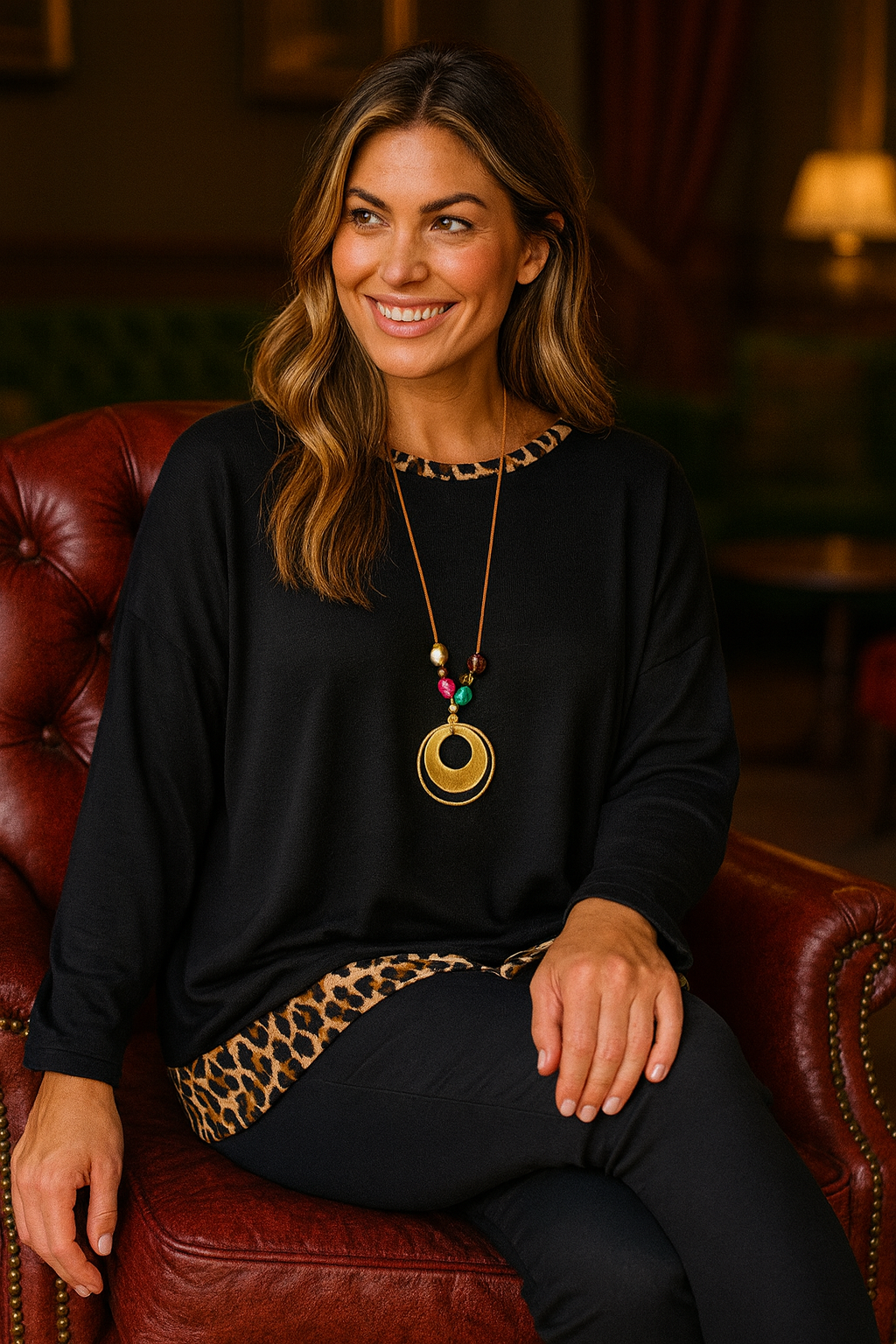 Soft Knit Leopard Trim Keri Necklace Top - Black