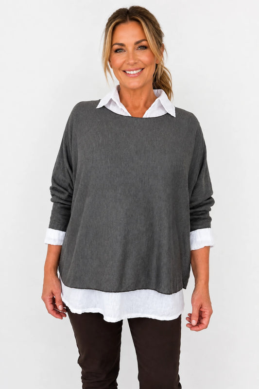 Cotton Fine Knit Two In One Mira Top - Cocoa