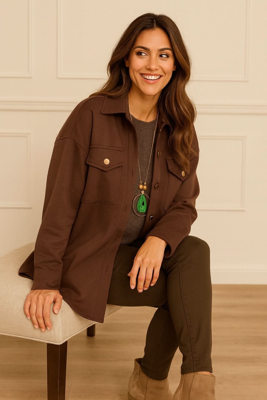 Premium Stitch Gold Button Double Pocket Verona Shacket - Chocolate