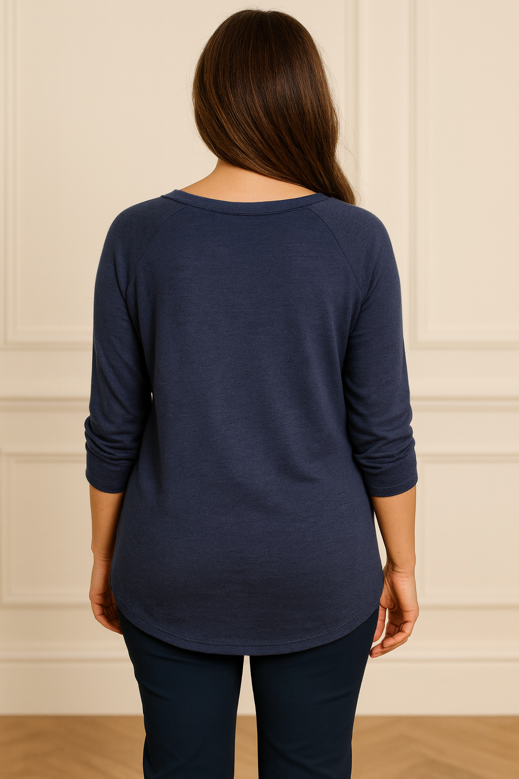 Luxury Knit Button Sleeve Sasia Sparkle Flower Top - Navy
