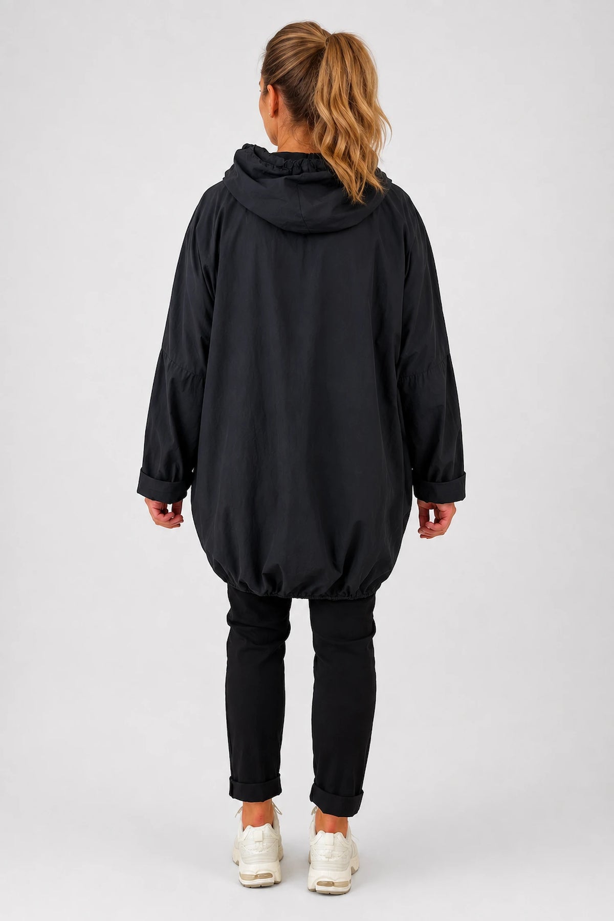 Pure Cotton Embroidery Anglaise Double Pocket Hooded Carletta Drawstring Detail Zipped Jacket - Black