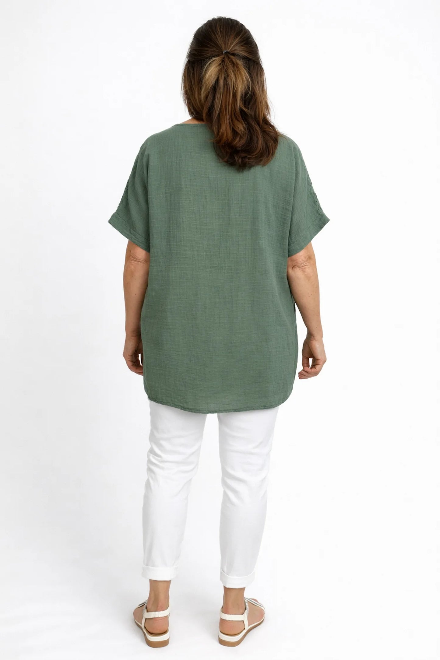 Pure Cotton Embroidery Anglaise Crochet Sleeve Torria Top - Khaki