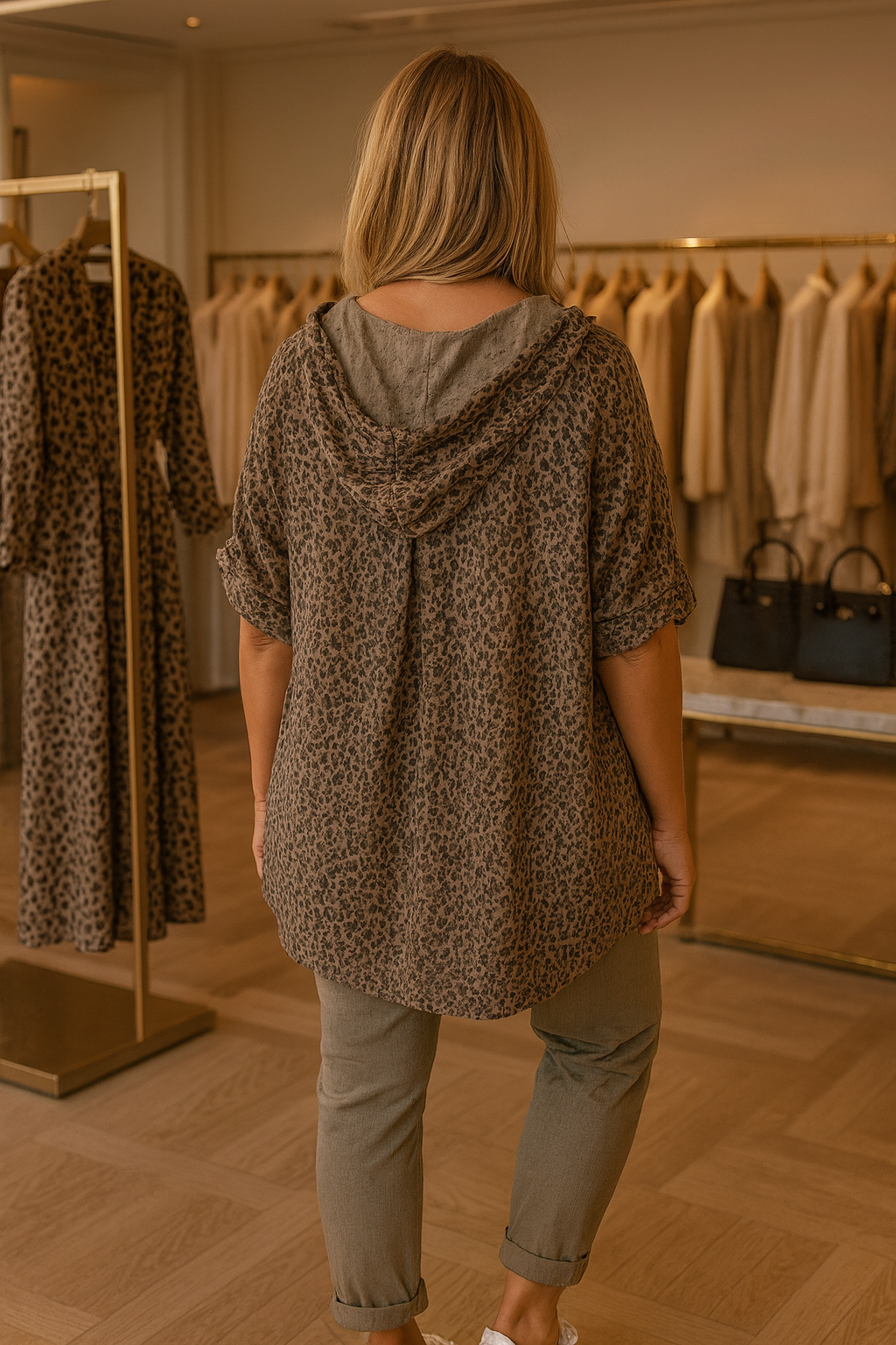 Light Weight Premium Stitch Zipped Button Sleeve Amari Leopard Print Jacket - Mocha
