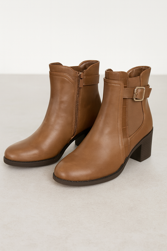 Mid Heel Faux Leather Irina Zipped Boot - Tan Brown