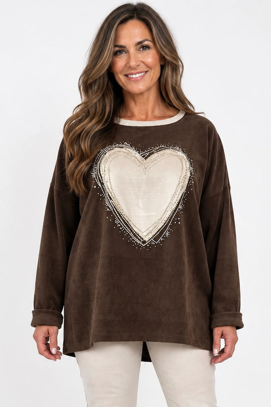 Needlecord Golden Diamanté Heart Piana Top - Chocolate