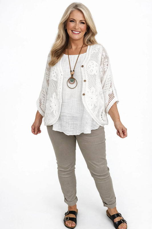 Cotton Juliana Button Batwing Crochet Floral Cardigan - White