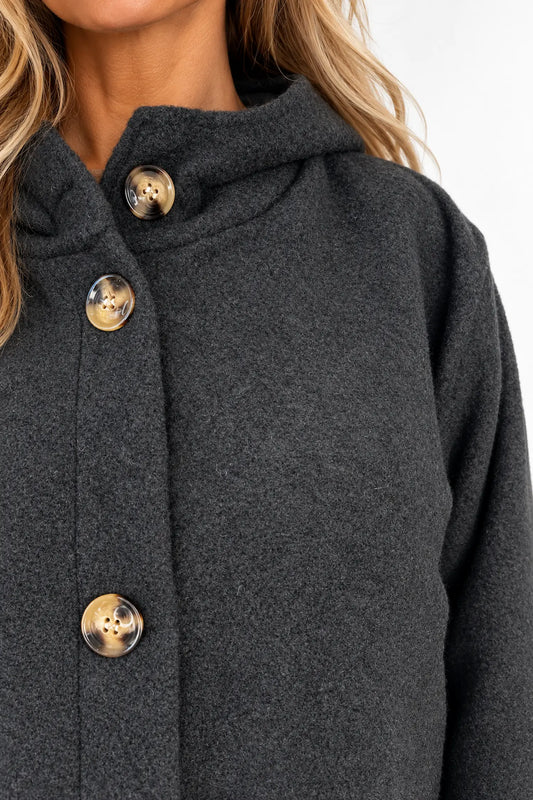 Double Zip Patch Pocket Marble Button Effect Bella Italia Hooded Coat - Black