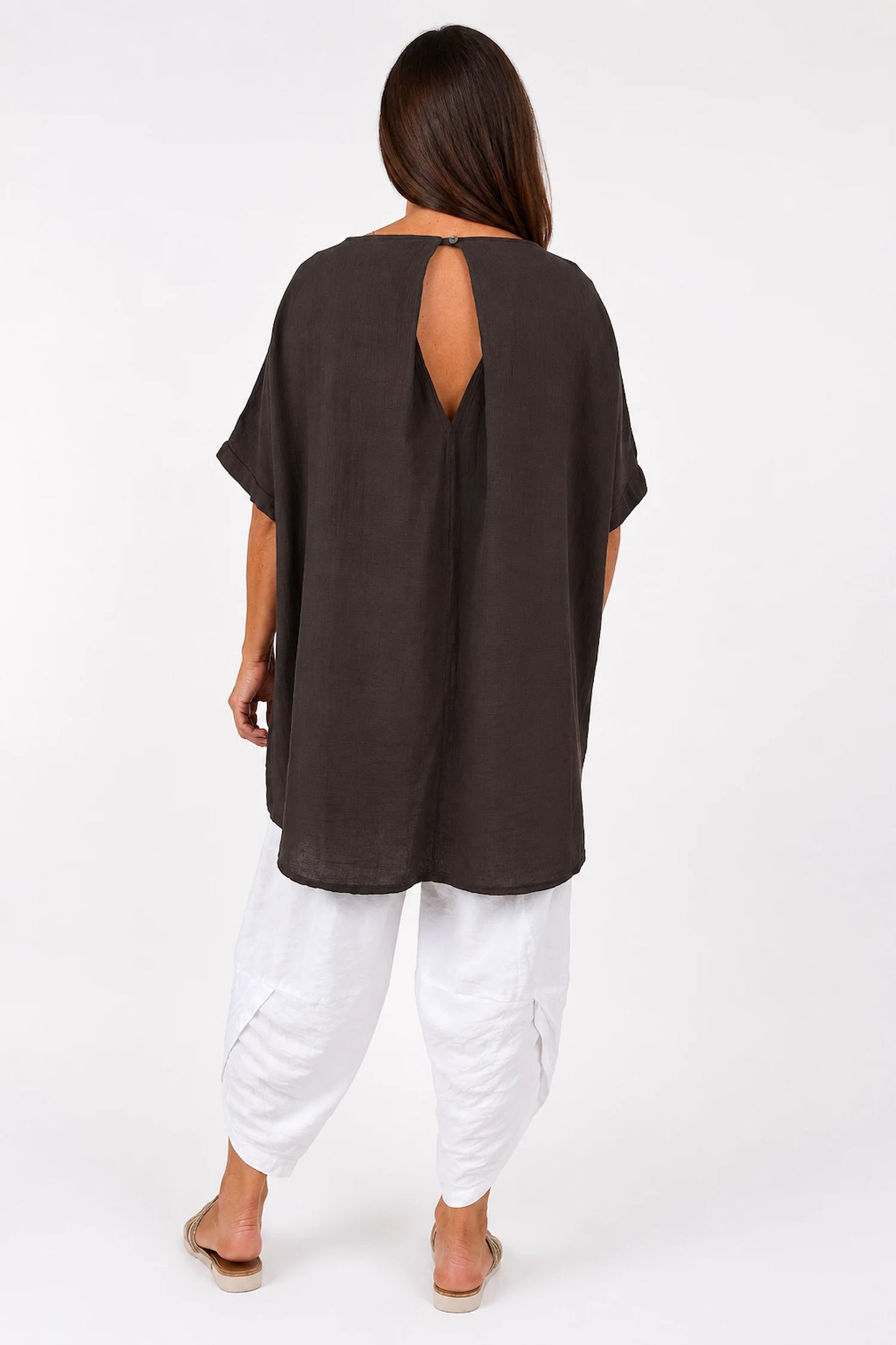 Pure Cotton Premium Stitch Button Back Jenni Top - Chocolate