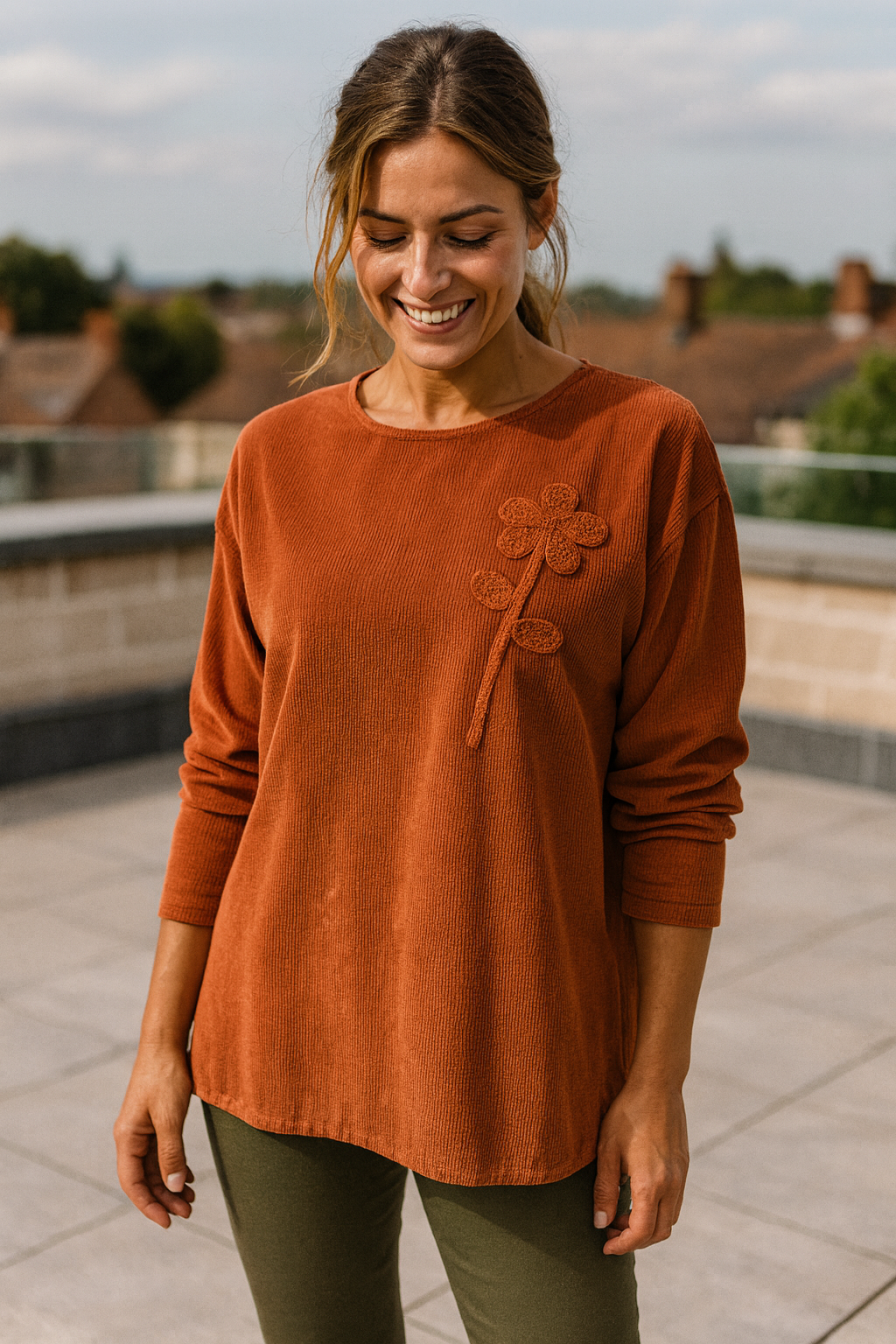 Pure Cotton Needlecord Flower Stitch Arabella Top - Burnt Orange