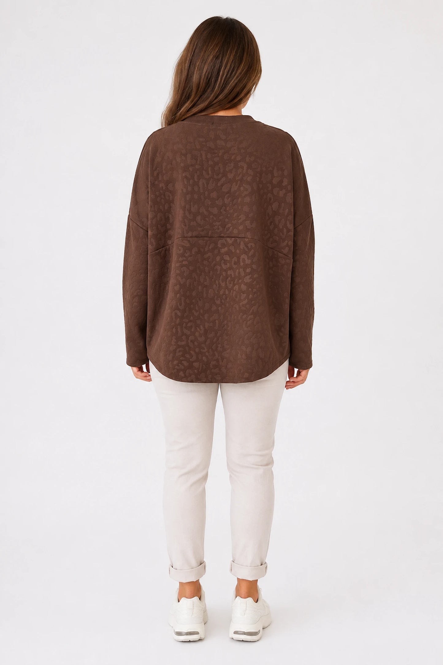 Raw Edge Hem Embossed Leopard Carvella Top - Chocolate
