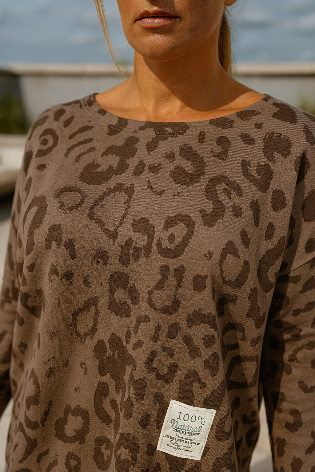 Pure Cotton Leopard Print Rivia Badge Detail Raw Edge Hem Sweatshirt - Mocha