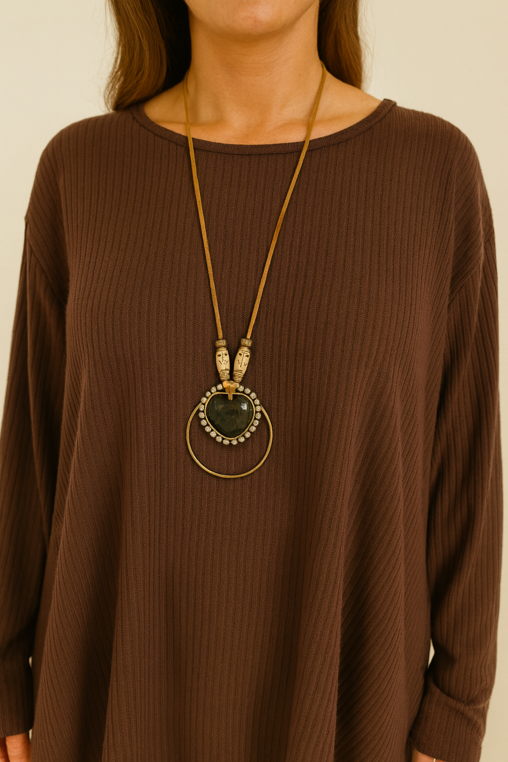 Ribbed Knit Italia Necklace Fine Knit Top - Chocolate