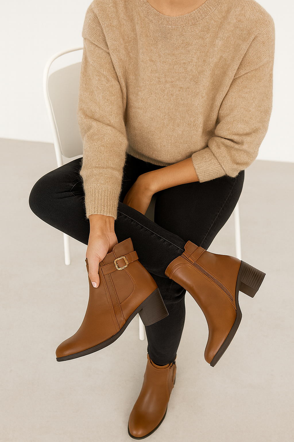 Mid Heel Faux Leather Irina Zipped Boot - Tan Brown