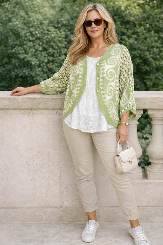 Pure Cotton Paola Button Crochet Cardigan - Lime