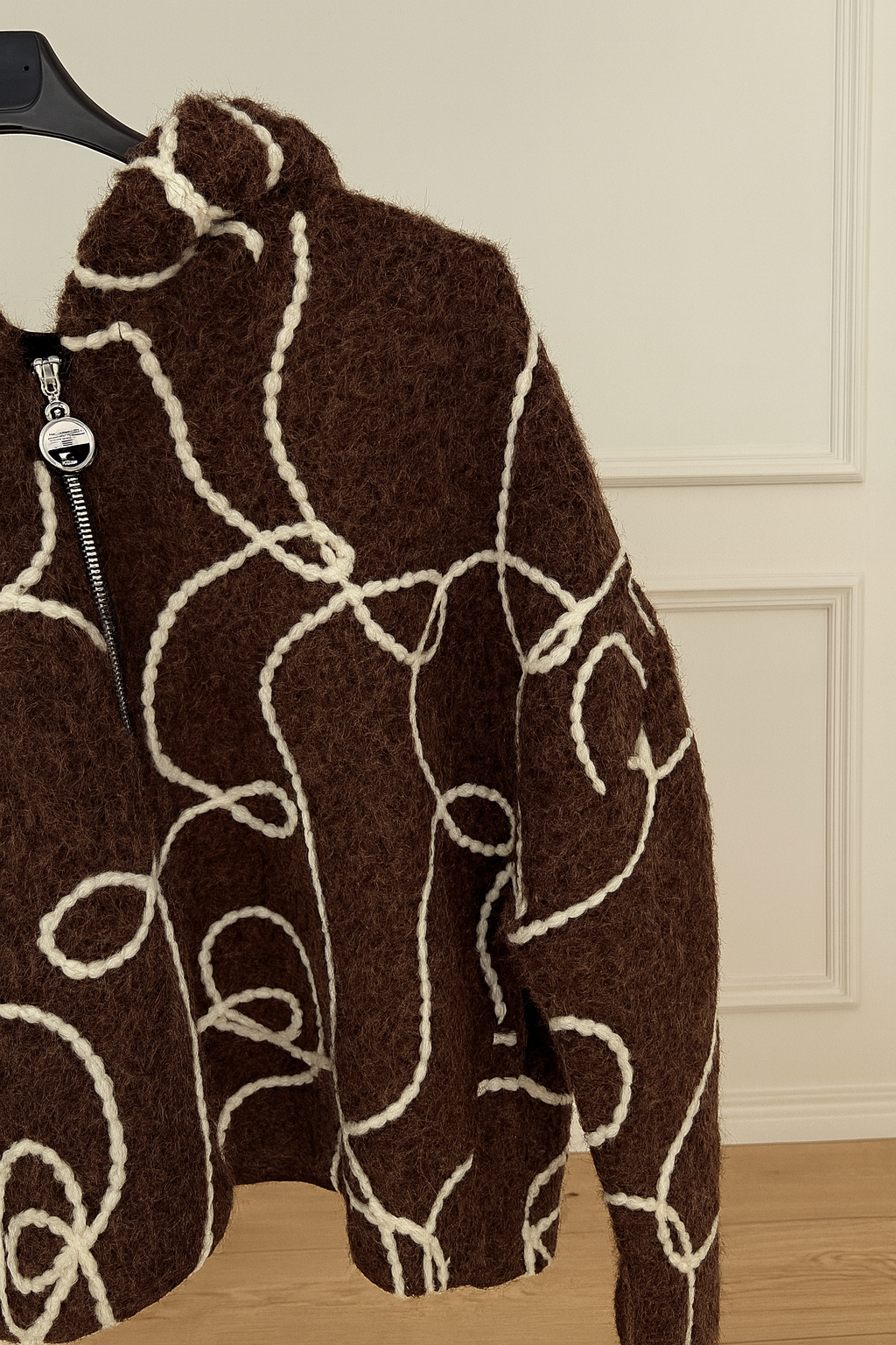 Wool Mix Embroidered Cara Double Pocket Zip Hooded Jacket - Chocolate