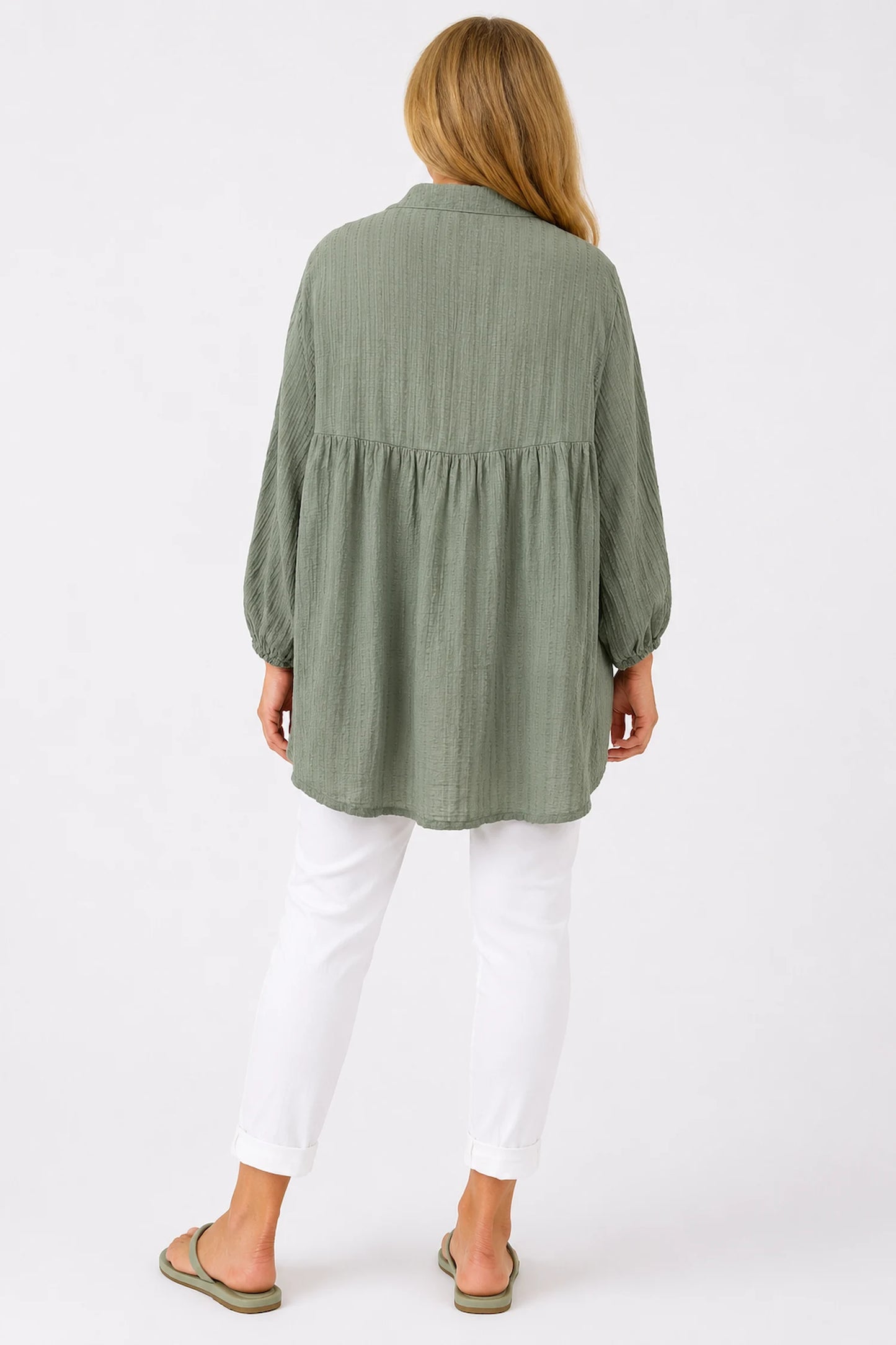 Pure Cotton Elasticated Sleeve Venice Button Shirt - Khaki