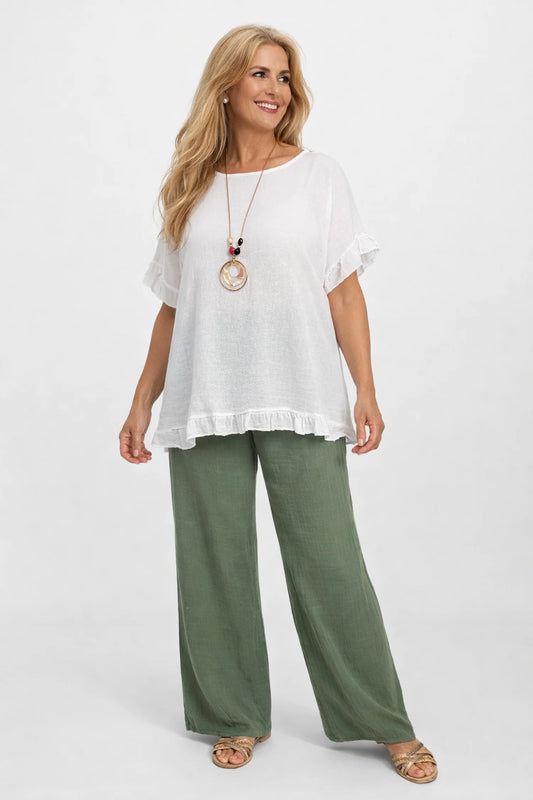 Linen Look Pure Cotton Drawstring Elasticated Waist Double Pocket Lucie Wide Leg Pant - Khaki