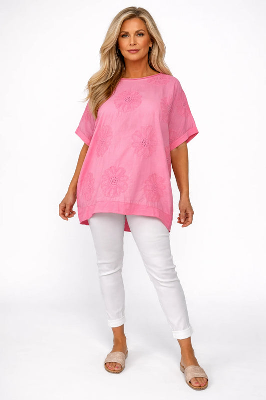 Pure Cotton Embroidered Flower Viera Top - Sorrento Pink