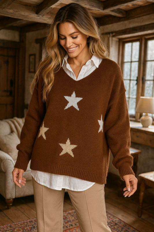 Wool Mix Paris Star Jumper - Chestnut