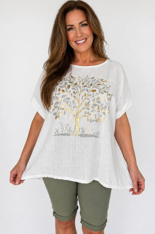 Linen Cotton Mix Diamanté Golden Leaf Carletta Top - Santorini White