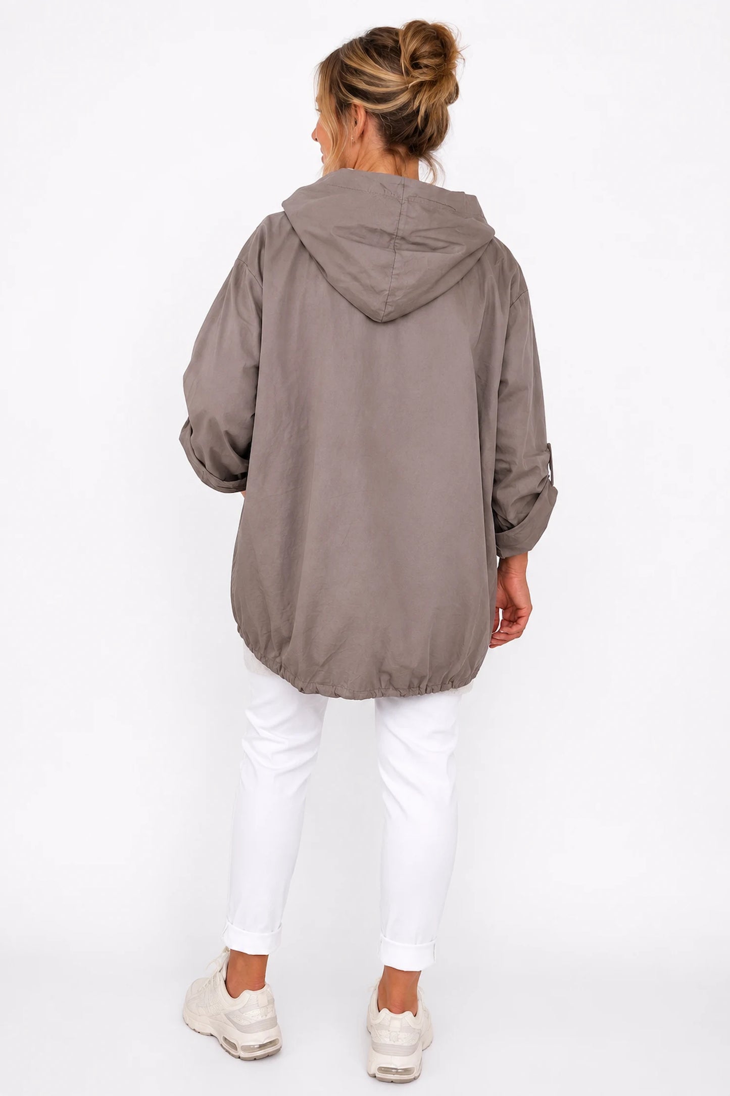 Button Sleeve Double Pocket Drawstring Hem Zipped Emila Hooded Jacket - Mocha