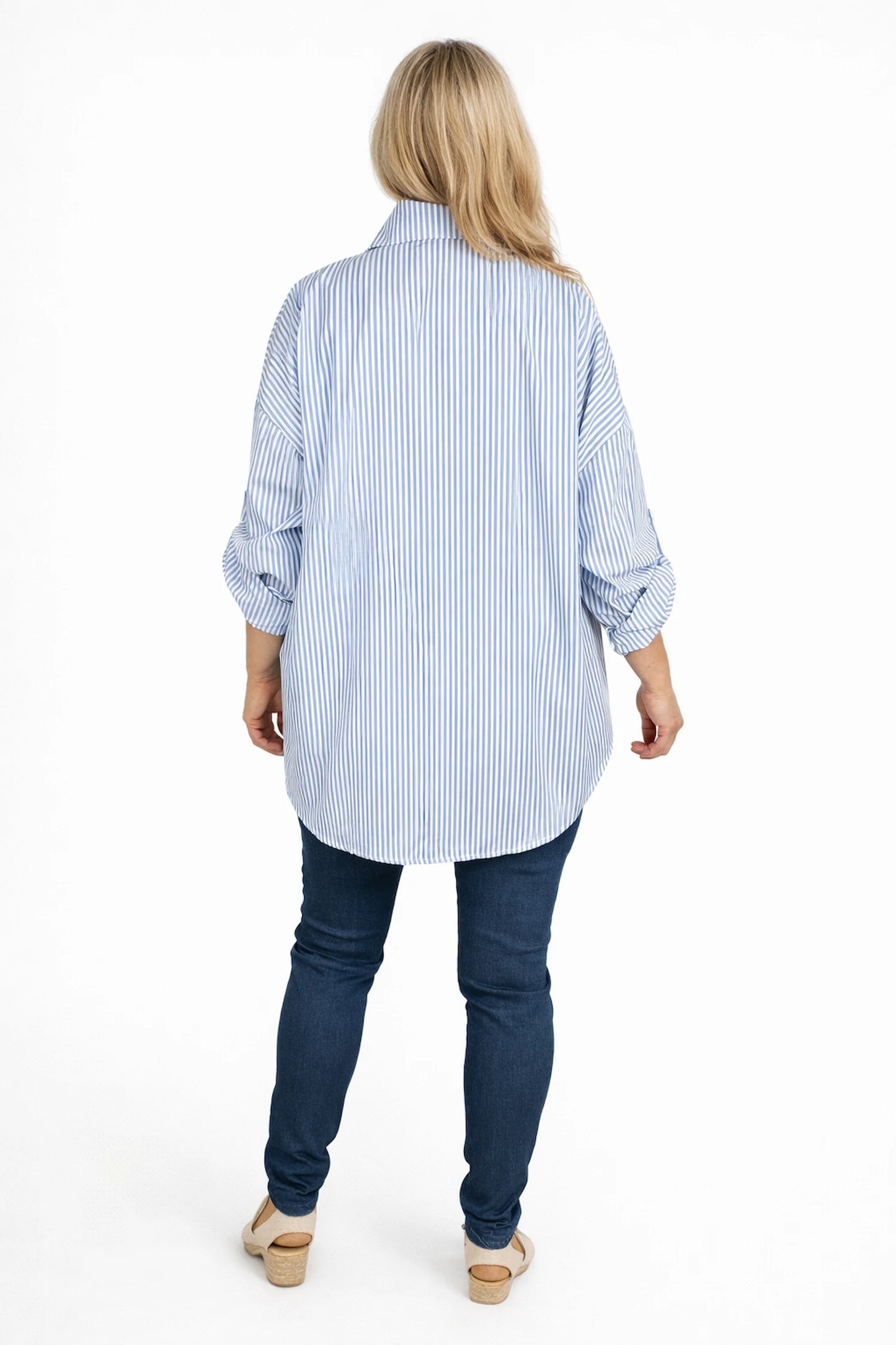 Cotton Button Sleeve Marnie Stripe Button Shirt - Light Denim