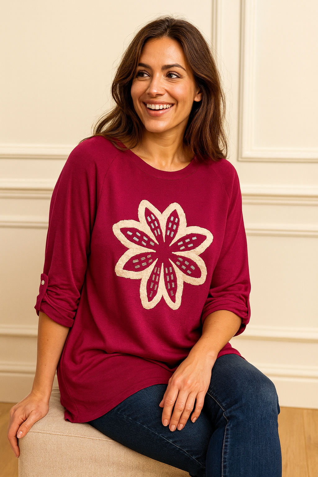 Luxury Knit Button Sleeve Sasia Sparkle Flower Top - Red Wine