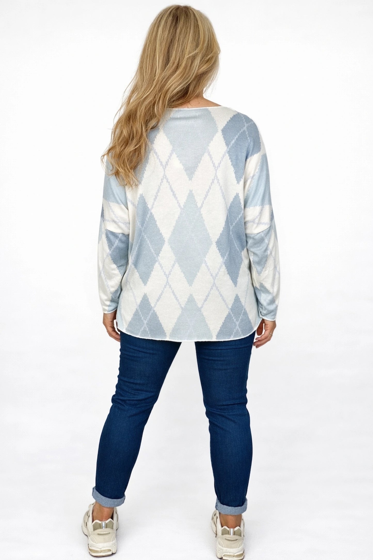 Wool Mix Spring Knit Argyle Florence Top - Ivory/Soft Denim