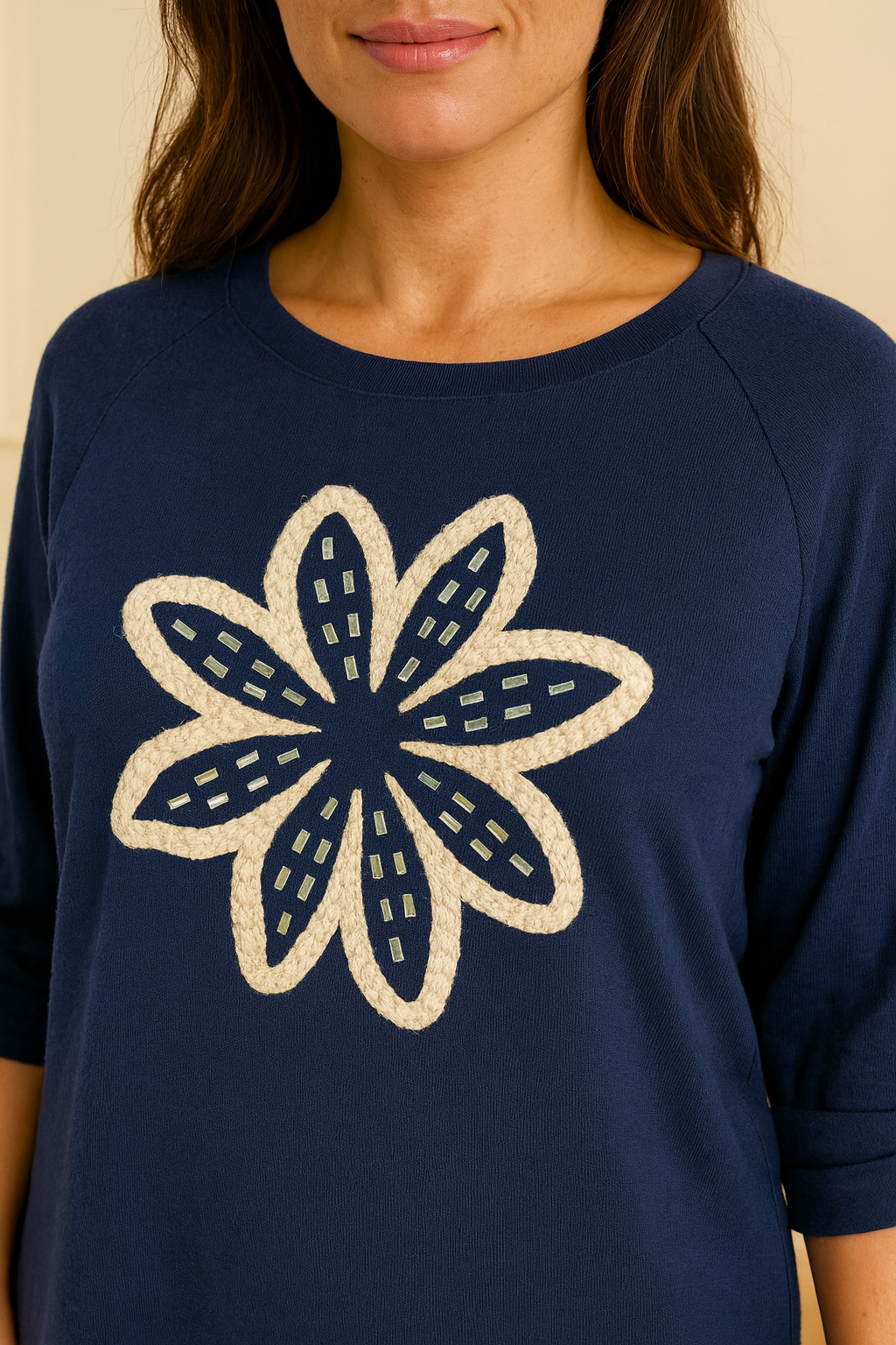 Luxury Knit Button Sleeve Sasia Sparkle Flower Top - Navy