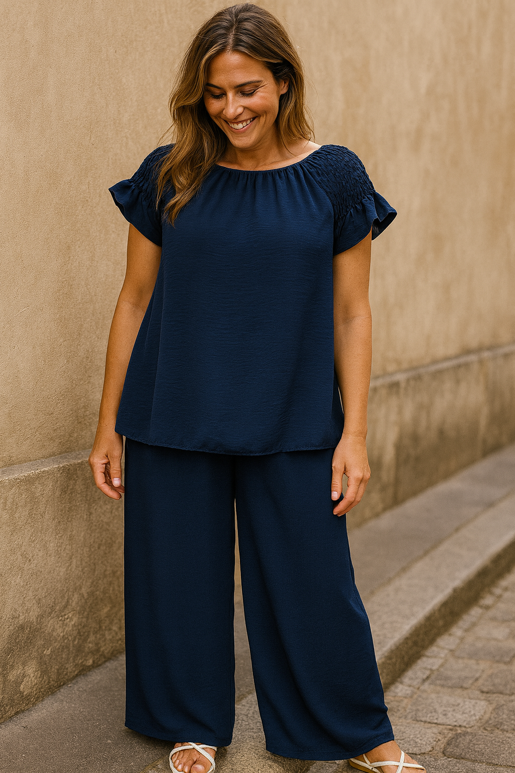 Italia Elasticated Waist Wide Leg Palazzo Pant - Navy