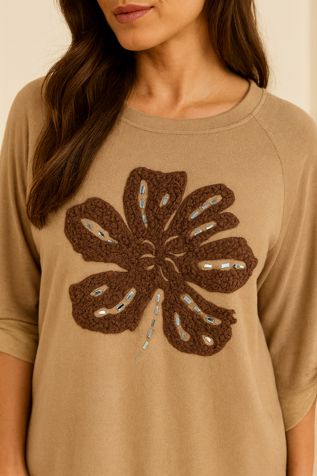 Luxury Knit Button Sleeve Kari Sparkle Clover Top - Beige