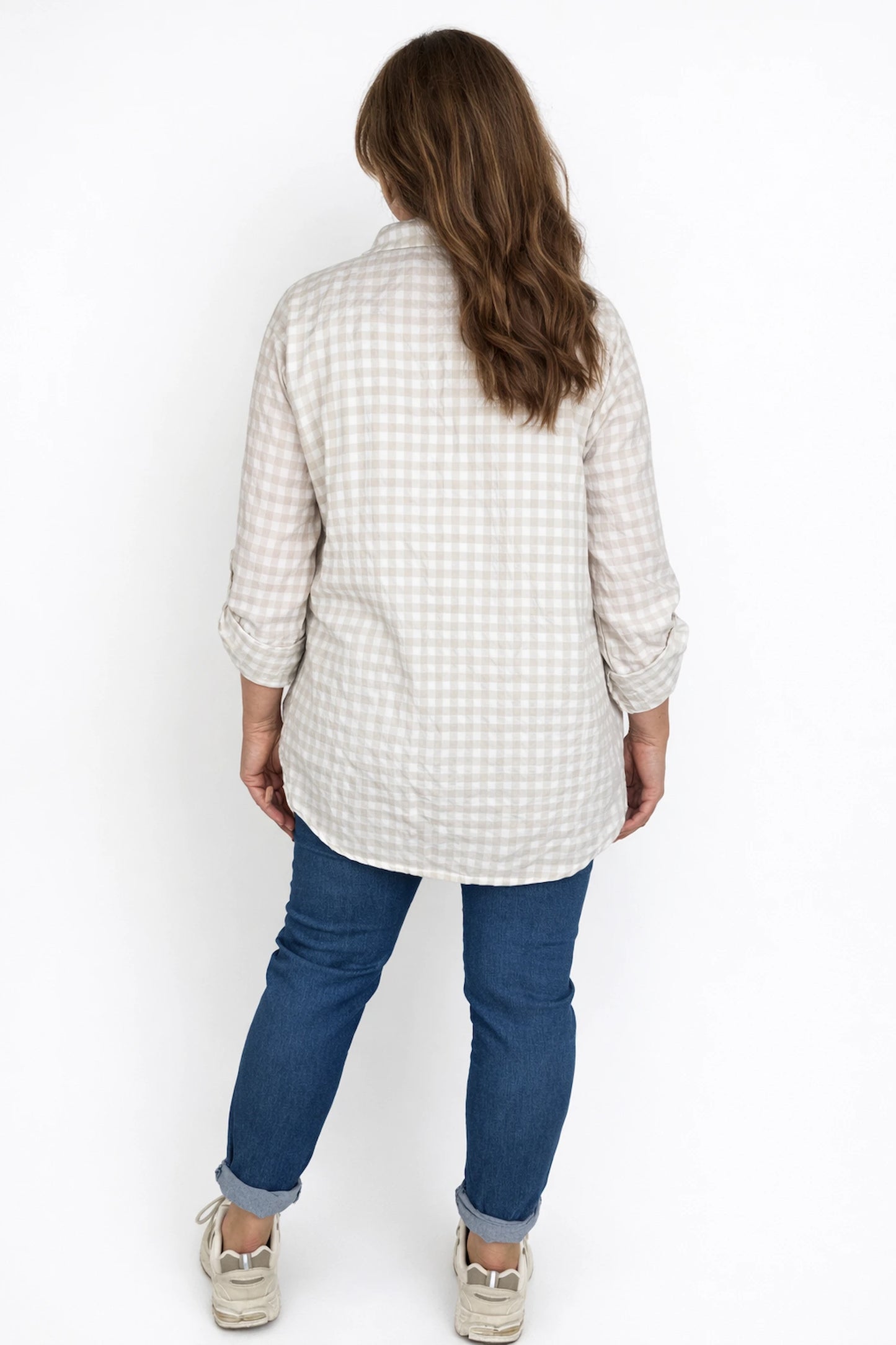 Cotton Button Sleeve Gingham Roxy Shirt - Beige