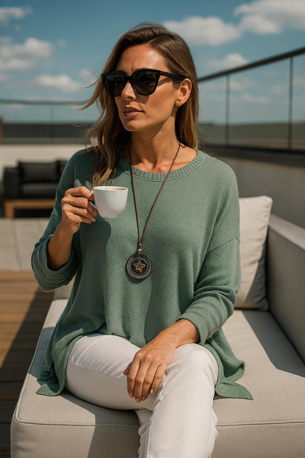 Wool Mix Ribbed Knit High Low Amira Necklace Top - Sage Green