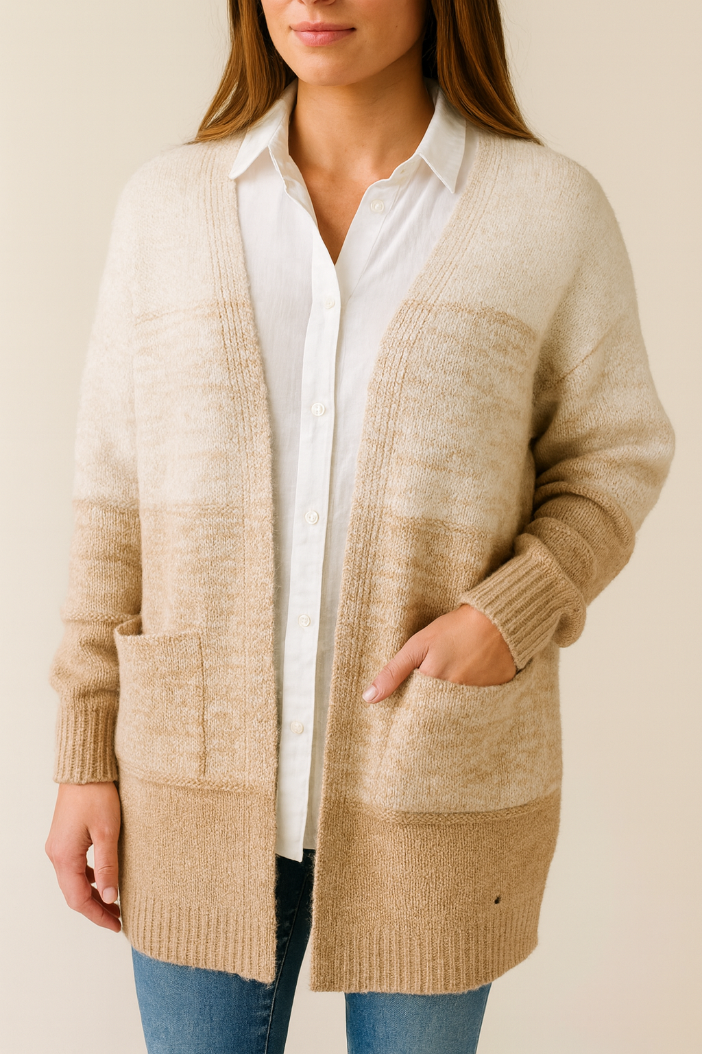 Wool Mix Double Pocket Oxford Cardigan - Beige