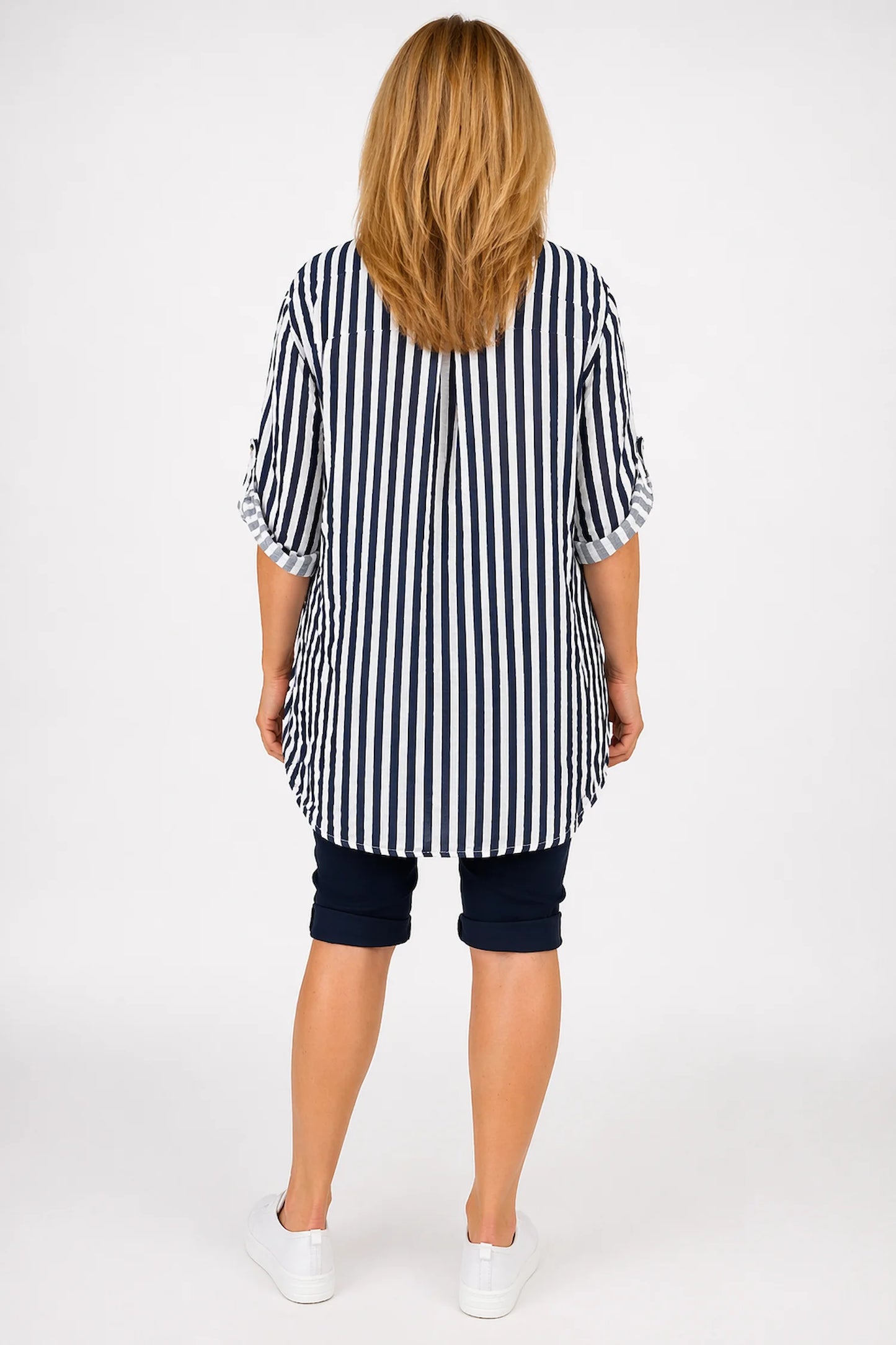 Linen Look Pure Cotton Pocket Detail Cruze Button Sleeve Stripe Shirt - Navy/White