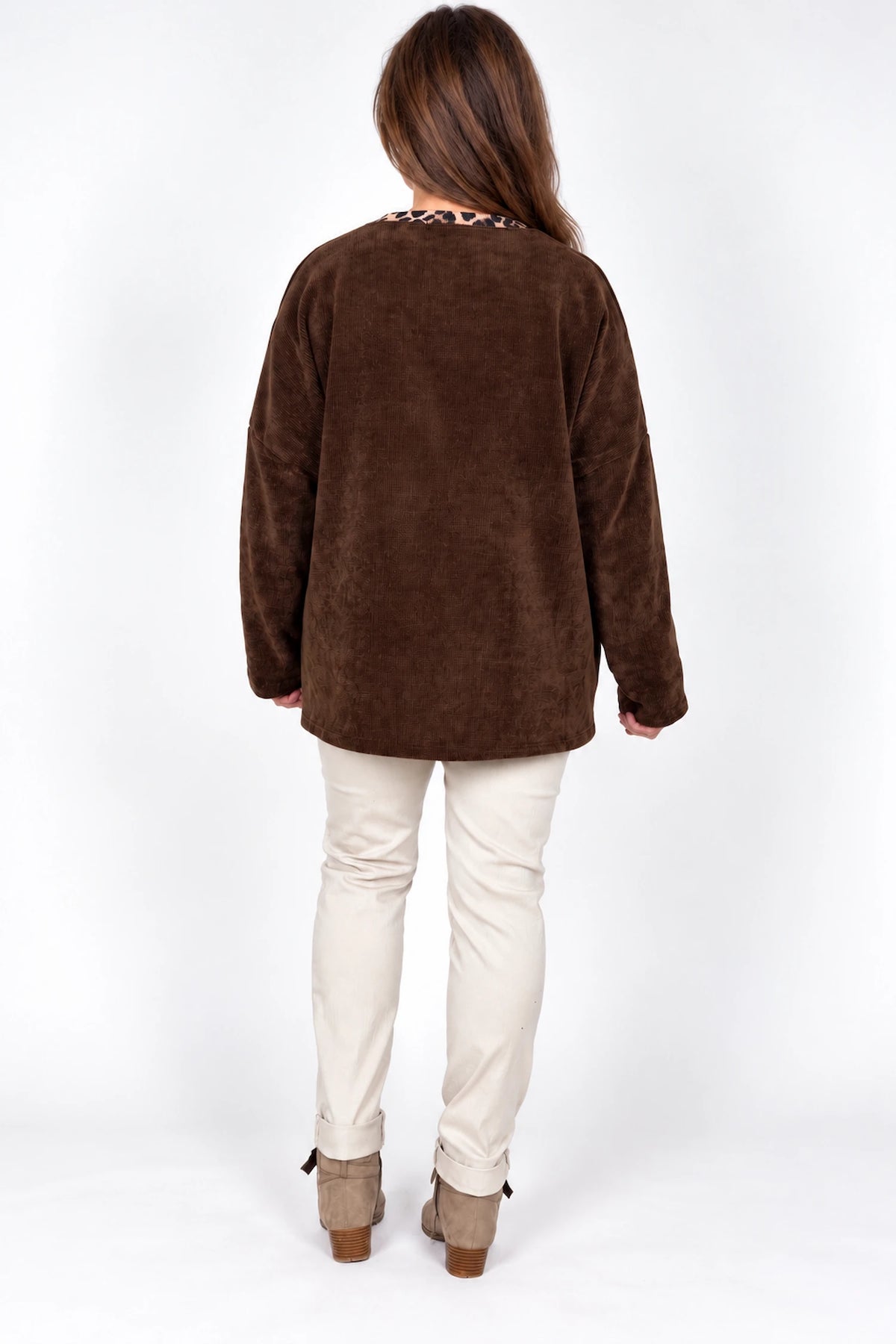 Bella Leopard Line Chenille Necklace Top - Chocolate