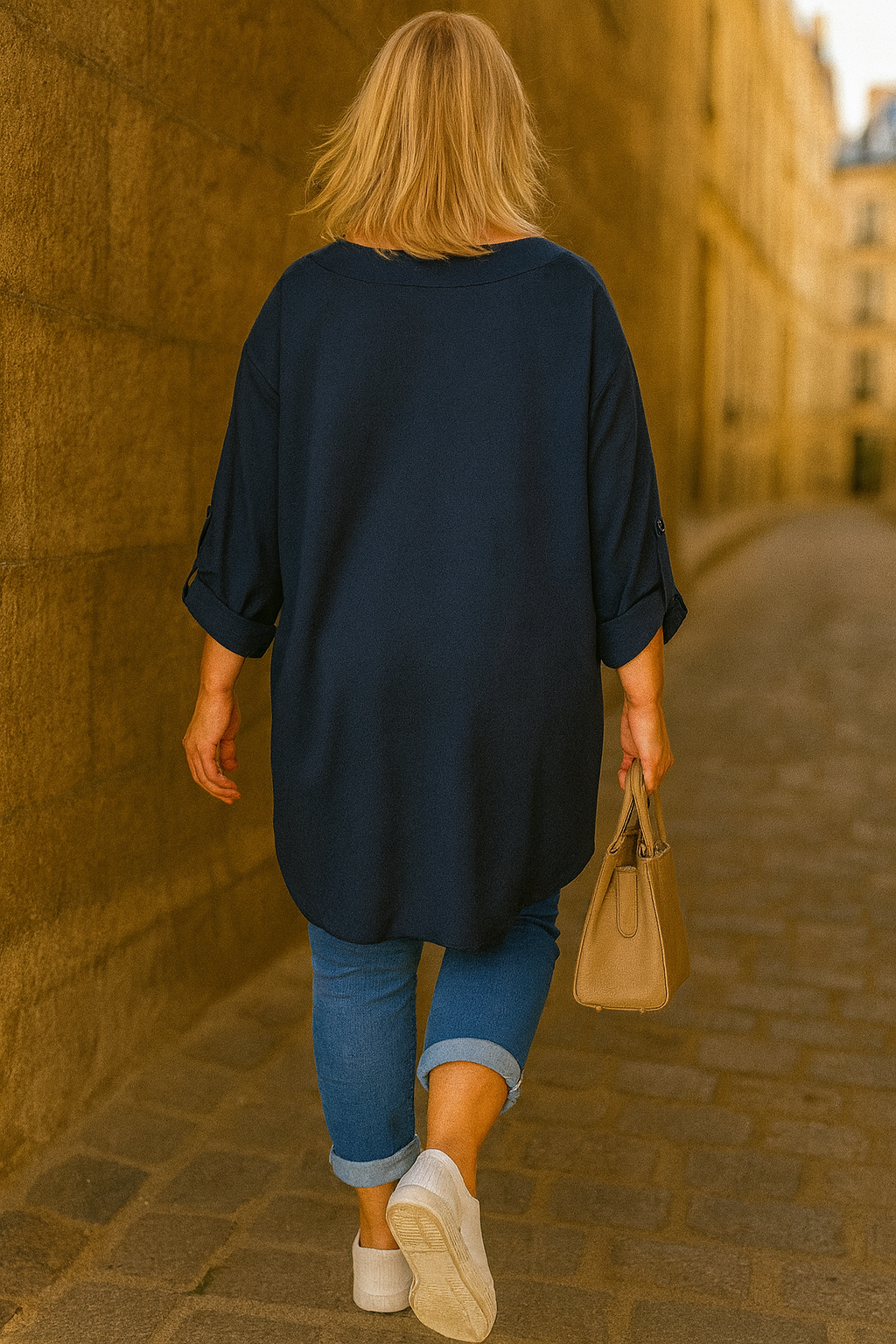 Pure Cotton Pocket Detail Button Sleeve Sari Top - Navy