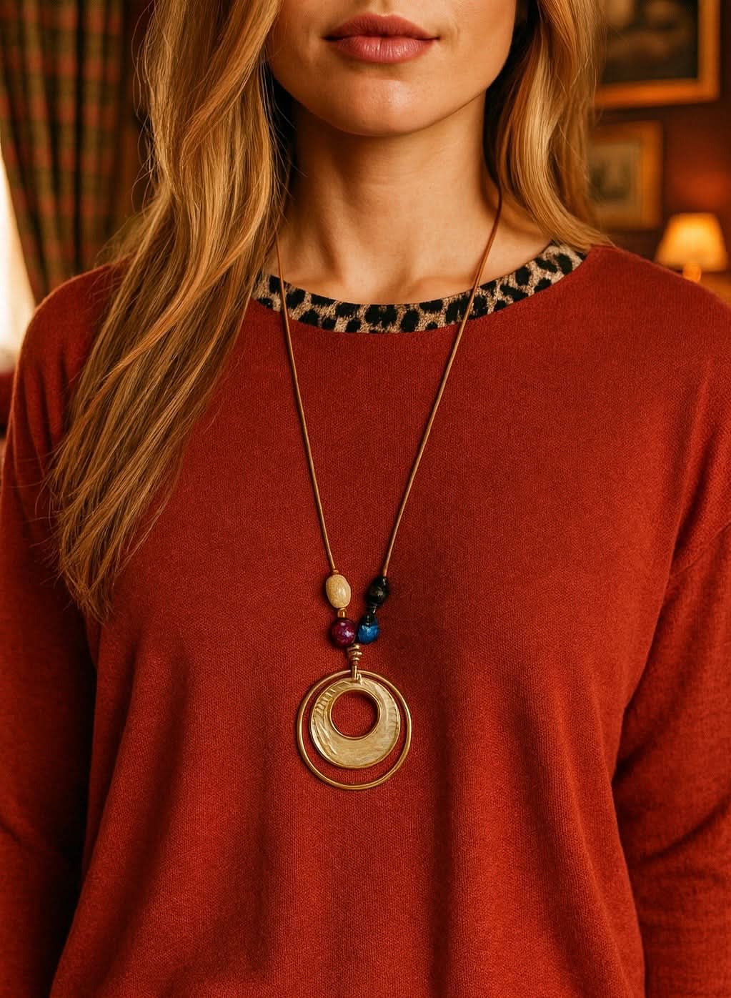Soft Knit Leopard Trim Keri Necklace Top - Burnt Orange
