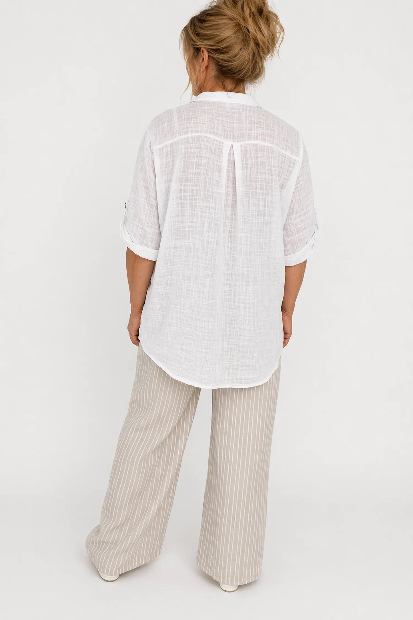 Linen Look Pure Cotton Pocket Detail Button Sleeve Calilla Button Shirt - White
