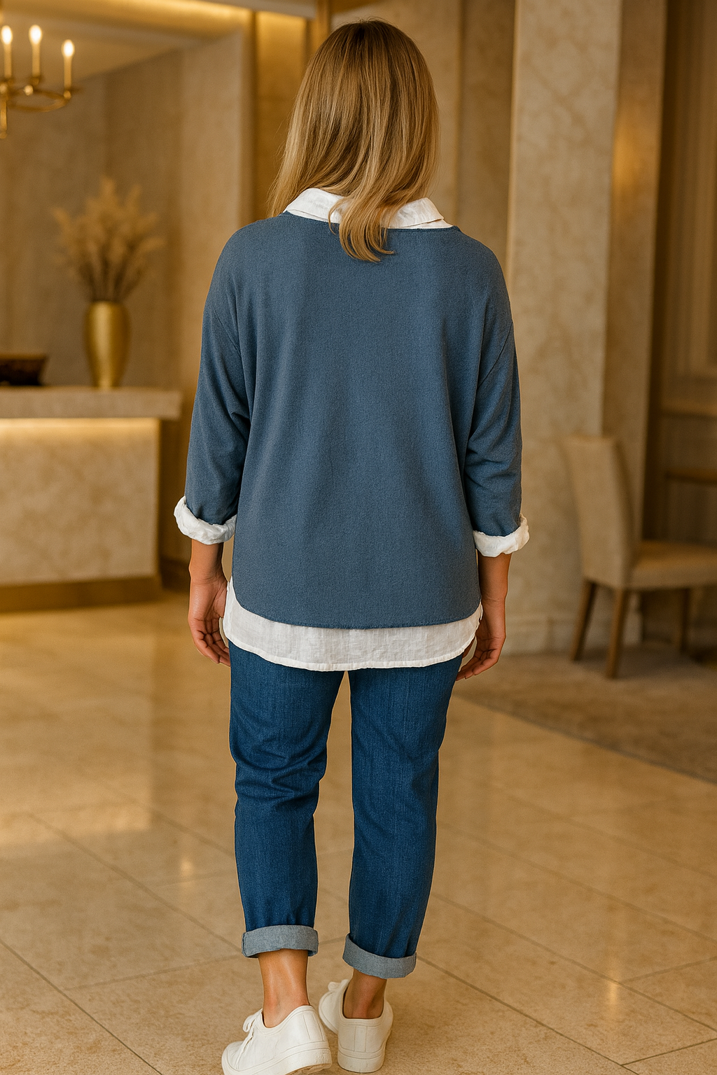 Cotton Mix Two in One Fleur Top - Denim