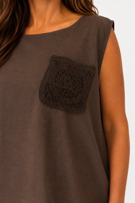 Linen Cotton Mix Button Back Embroidered Crochet Pocket Primrose Vest - Chocolate