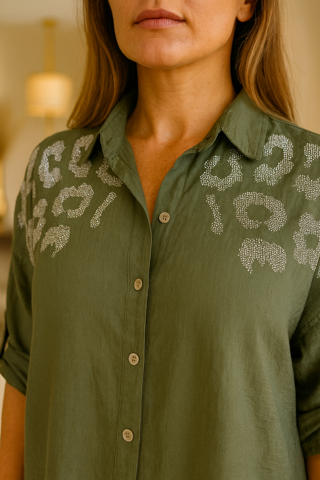 Premium Stitch Diamanté Leopard Celeste Button Sleeve Shirt - Khaki