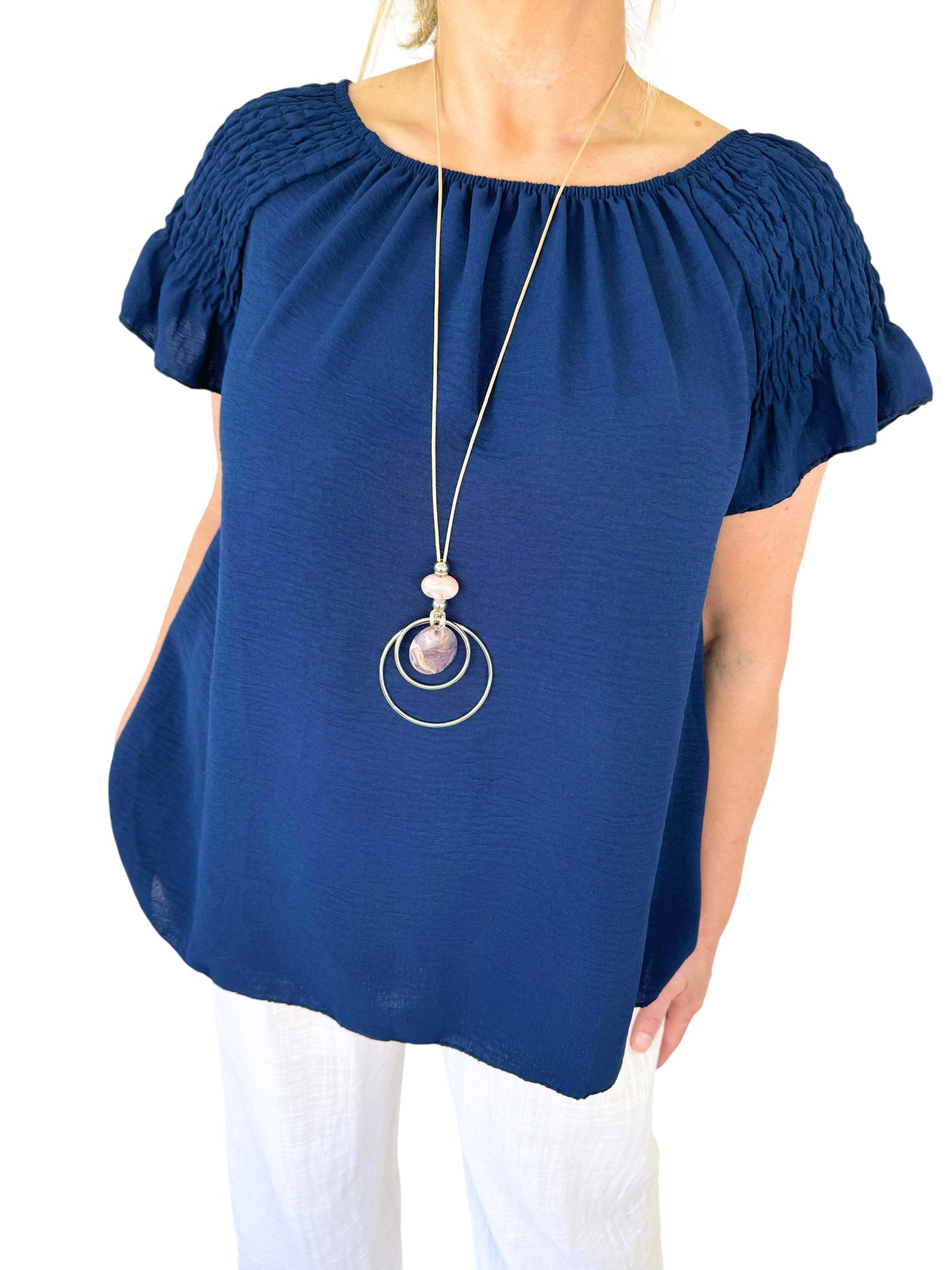 Shirred Shoulder Frill Sleeve Angelica Necklace Top - Navy