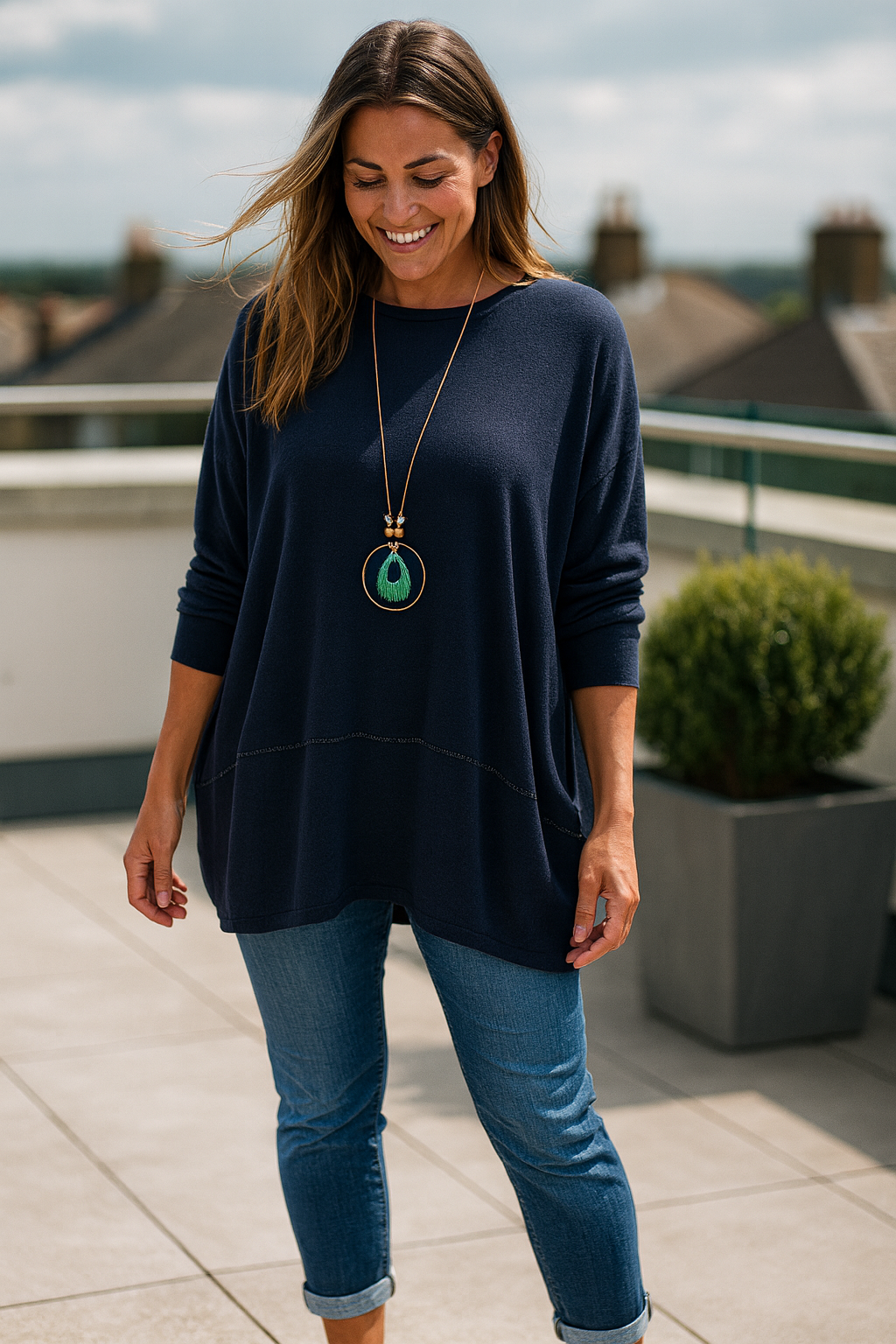 Soft Knit Silver Line Diana Necklace Top - Navy