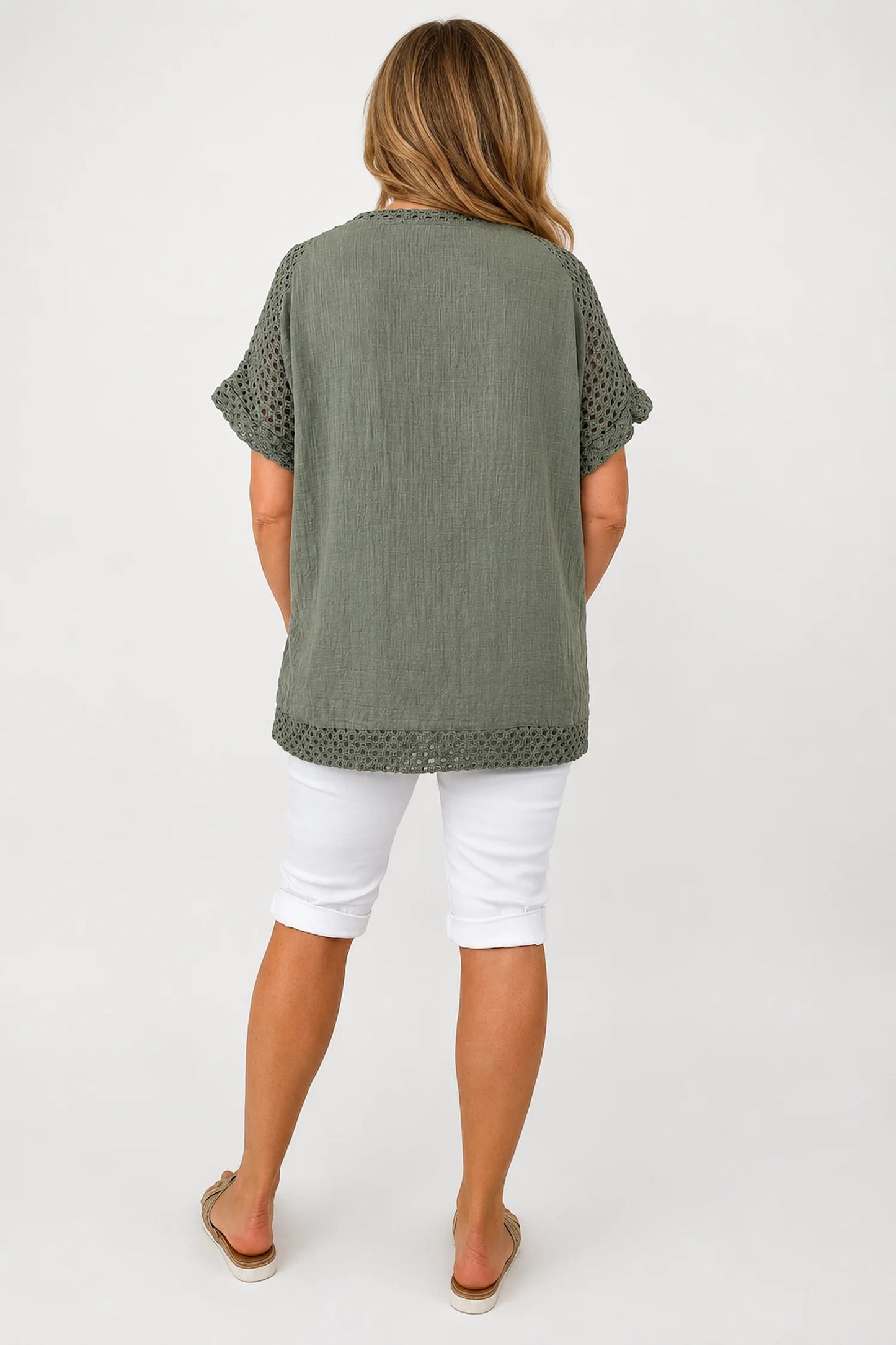Pure Cotton Crochet Detail Button Pocket Palermo Top - Khaki