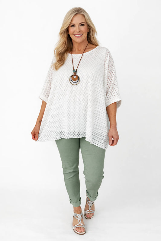 Fully Lined Marcella Batwing Crochet Necklace Top - White